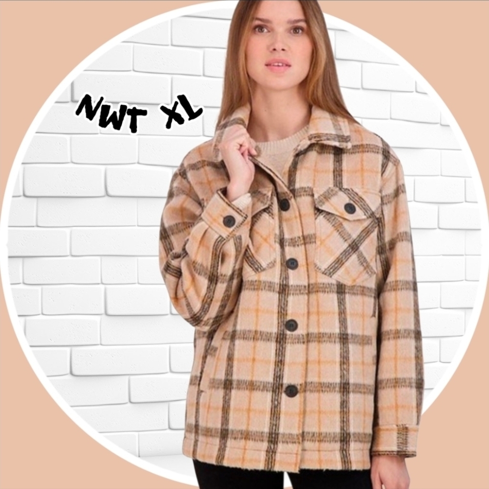 NWT XL  Tan Plaid Shacket w 4 Pockets Fully Satil Lined